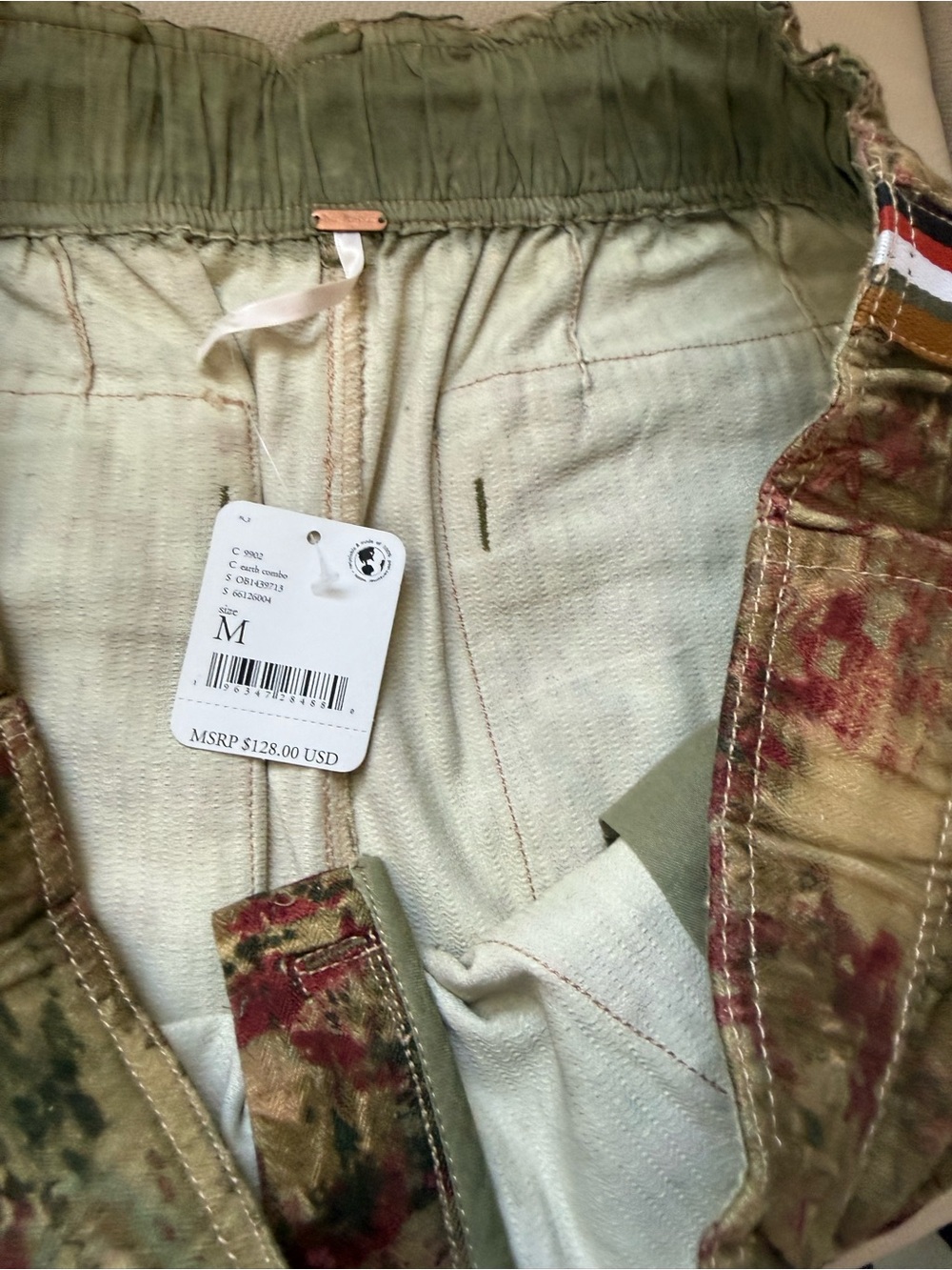 Free People Olive and Pink Floral Cargo Shorts with Side Stripe - Picture 3 of 5